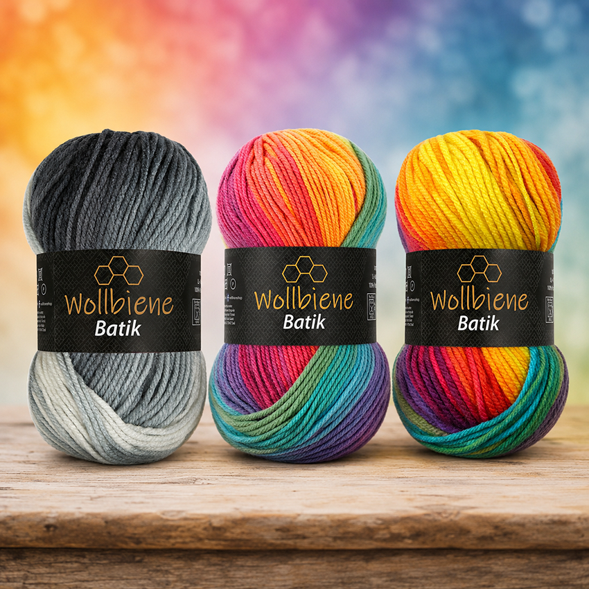 Drei Knäuel Wollbiene Batik Farbverlaufswolle